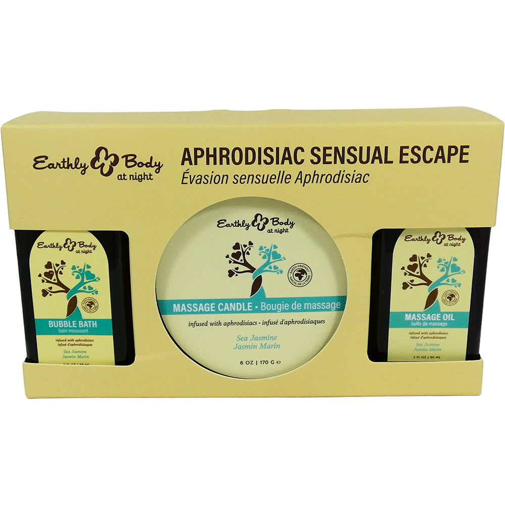 Earthly Body At Night Sensual Escape Gift Set Sea Jasmine, featuring bubble bath, massage candle, and massage oil.