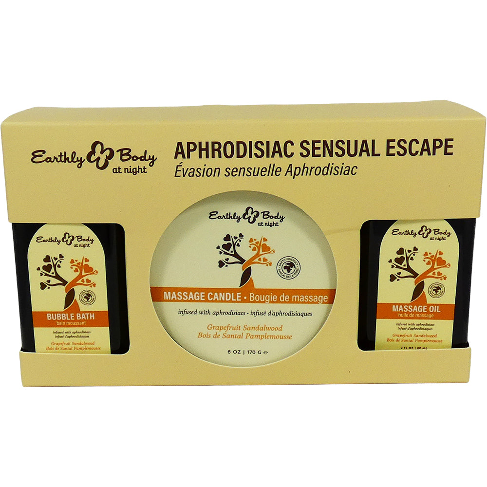 Earthly Body Sensual Escape Gift Set Grapefruit Sandalwood includes bubble bath, massage oil, and massage candle.