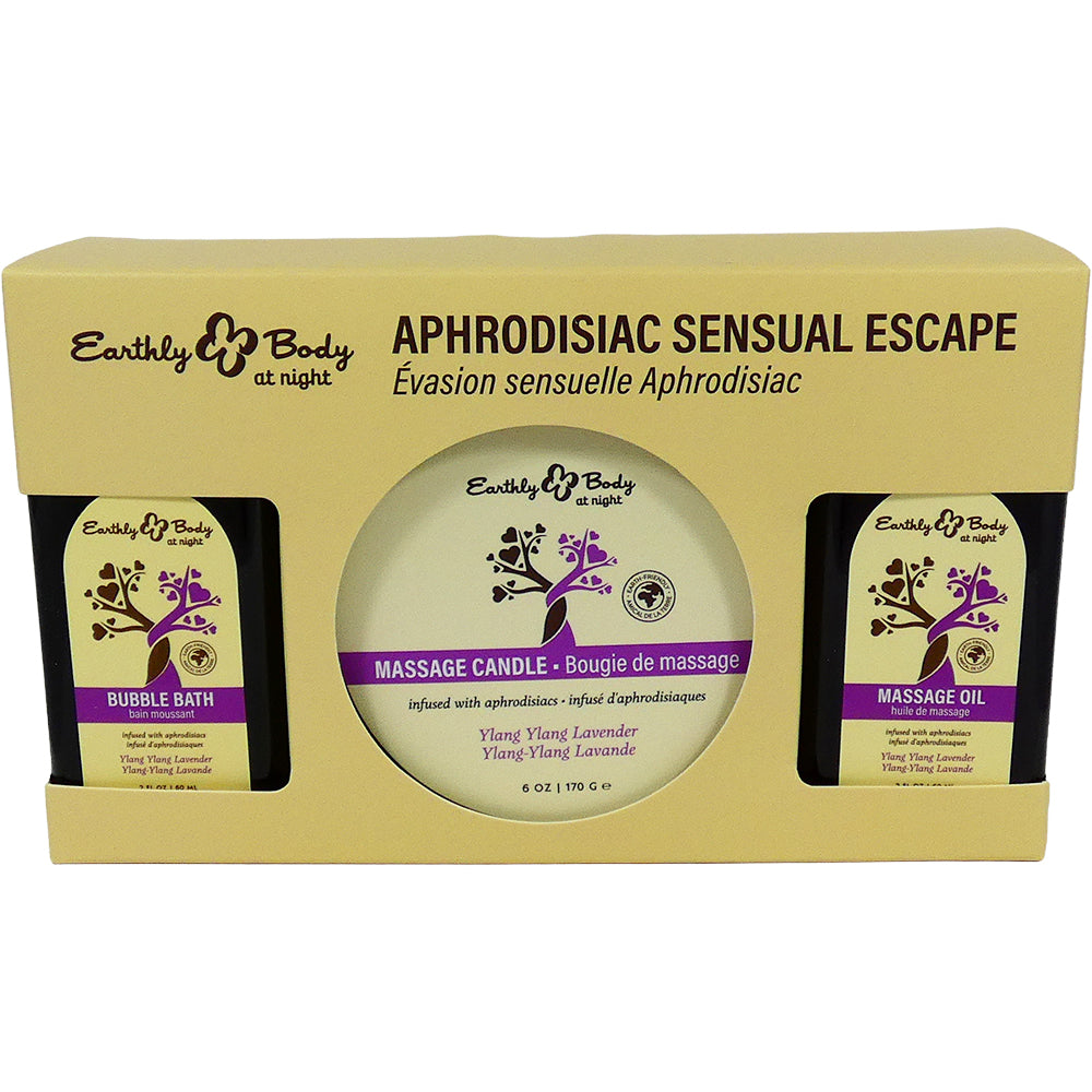Earthly Body Sensual Escape Gift Set Ylang Ylang Lavender featuring bubble bath, massage oil, and massage candle.