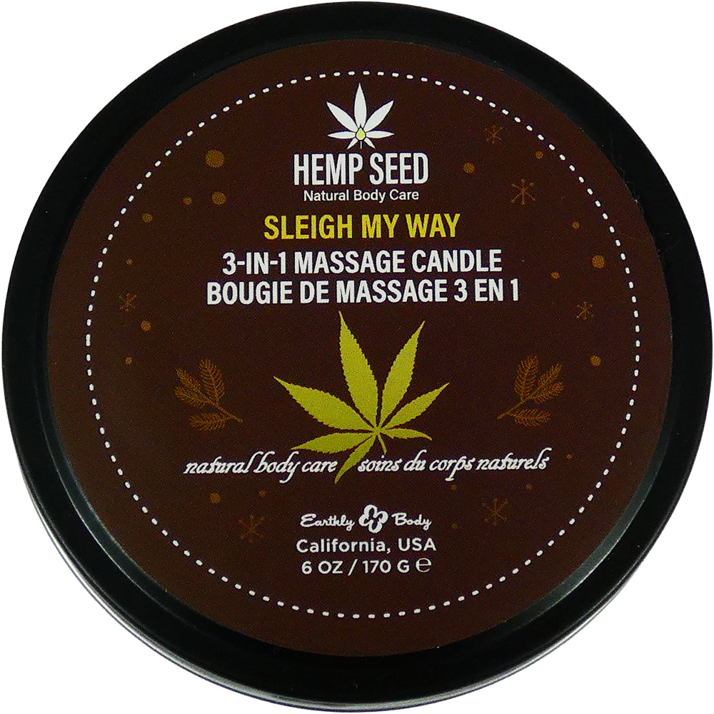 Hemp Seed 3-in-1 Massage Candle Sleigh My Way 6 Oz by Earthly Body, featuring festive design for relaxation.