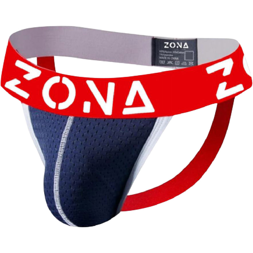 Zona Navy Rush Men's Jockstrap Small with red waistband and navy fabric, designed for comfort and support.