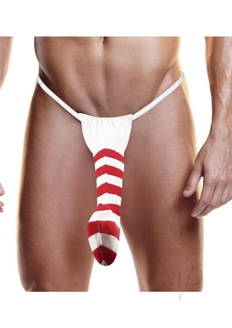 Fundies Candy Cane Men's Thong One Size Red and White worn by a model, showcasing its festive design.
