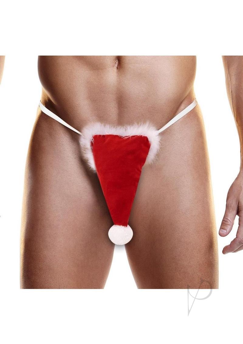 Fundies Santa Hat Thong One Size Red and White displayed on a model, featuring a playful holiday design.