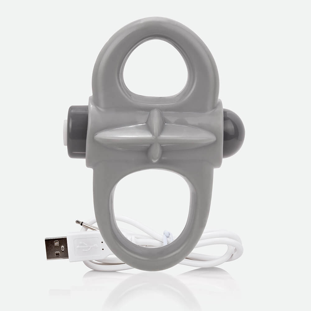 Screaming O Charged Yoga Vooom Mini Vibe Ring Grey with USB charging cable on a white background.