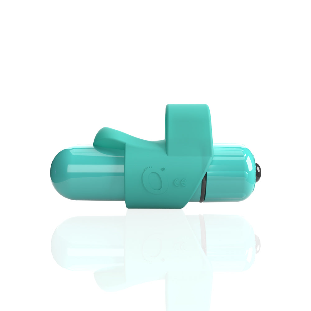 Screaming O 4B FingO Slim Finger Vibrator Kiwi in teal color with ergonomic design and 4B Bullet for focused pleasure.