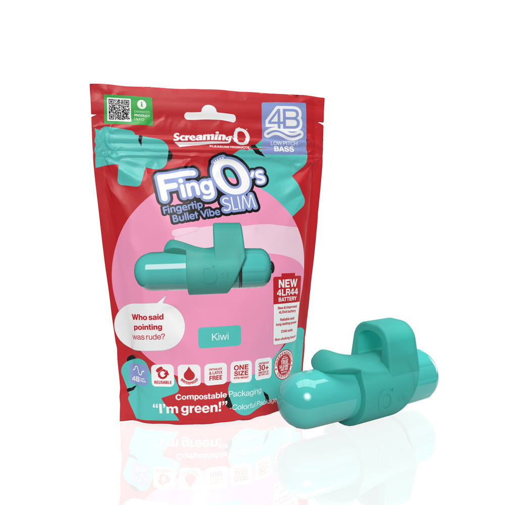 Screaming O 4B FingO Slim Finger Vibrator Kiwi package and product display on a white background.