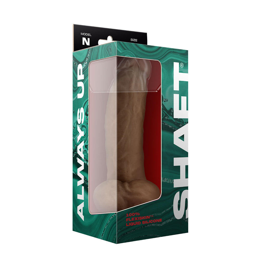 Shaft Model N 8.5 Inch Dual Density Dildo With Balls Oak in packaging, showcasing its realistic details and design.