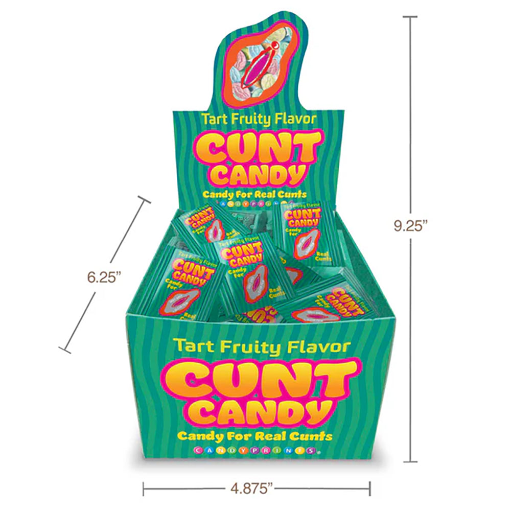 Cunt Candy Individual 5pc Bags 100 count Display featuring fun packaging and tart fruity flavors.