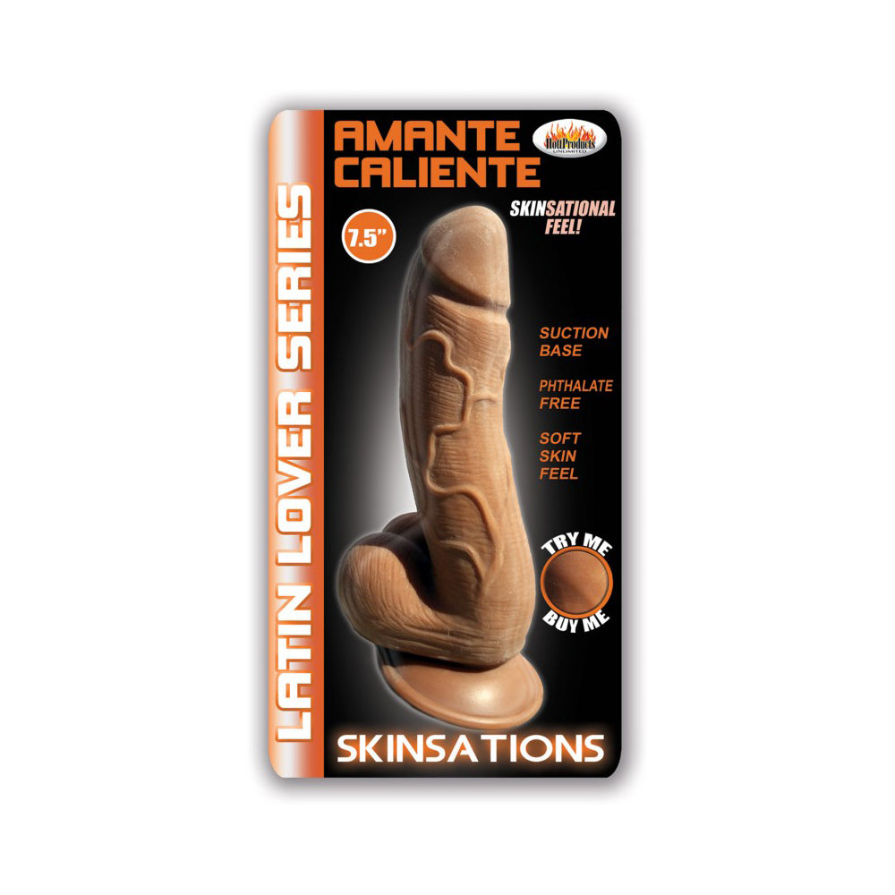 Skinsations Latin Lover Amante Caliente 7.5 Inch Dildo packaging showcasing realistic design and features.