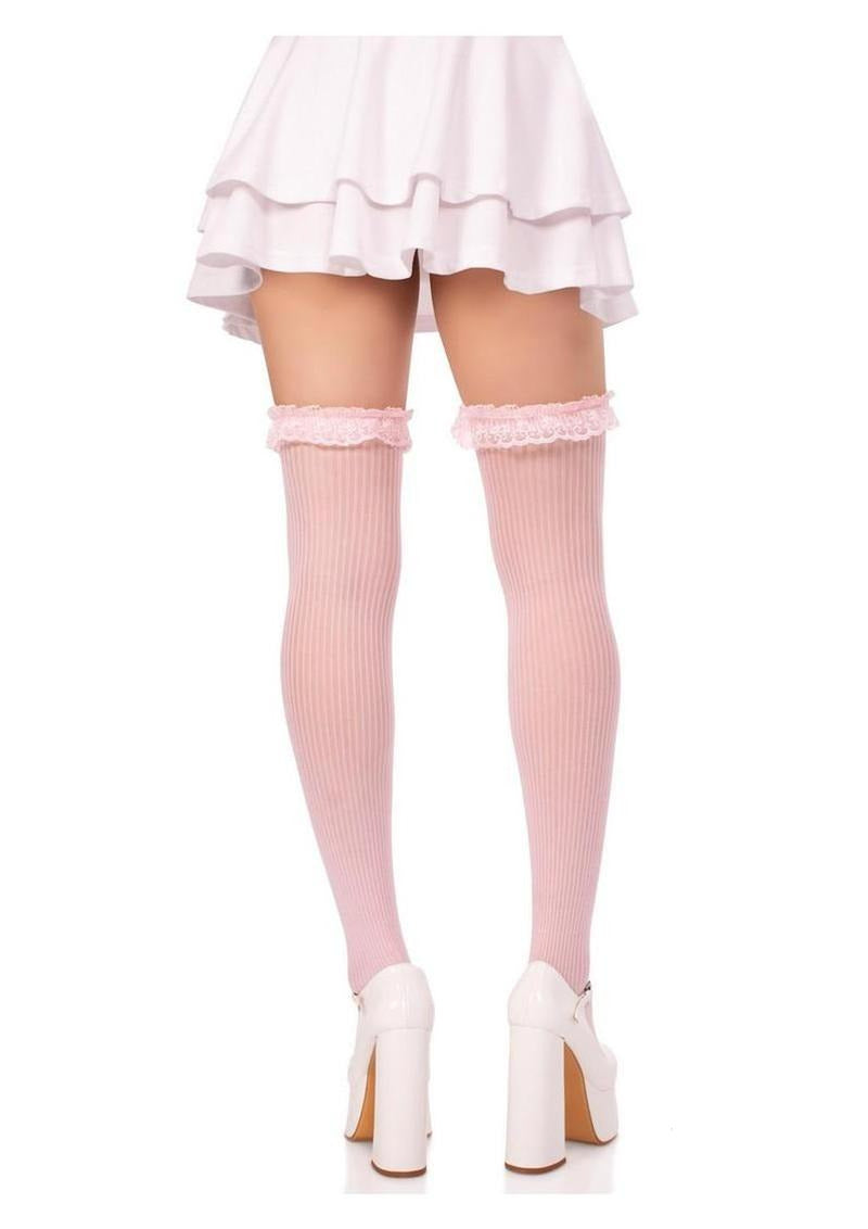 Leg Avenue Lace Garter Sheer Striped Thigh Highs Light Pink OS displayed on model, featuring lace garter and satin bows.