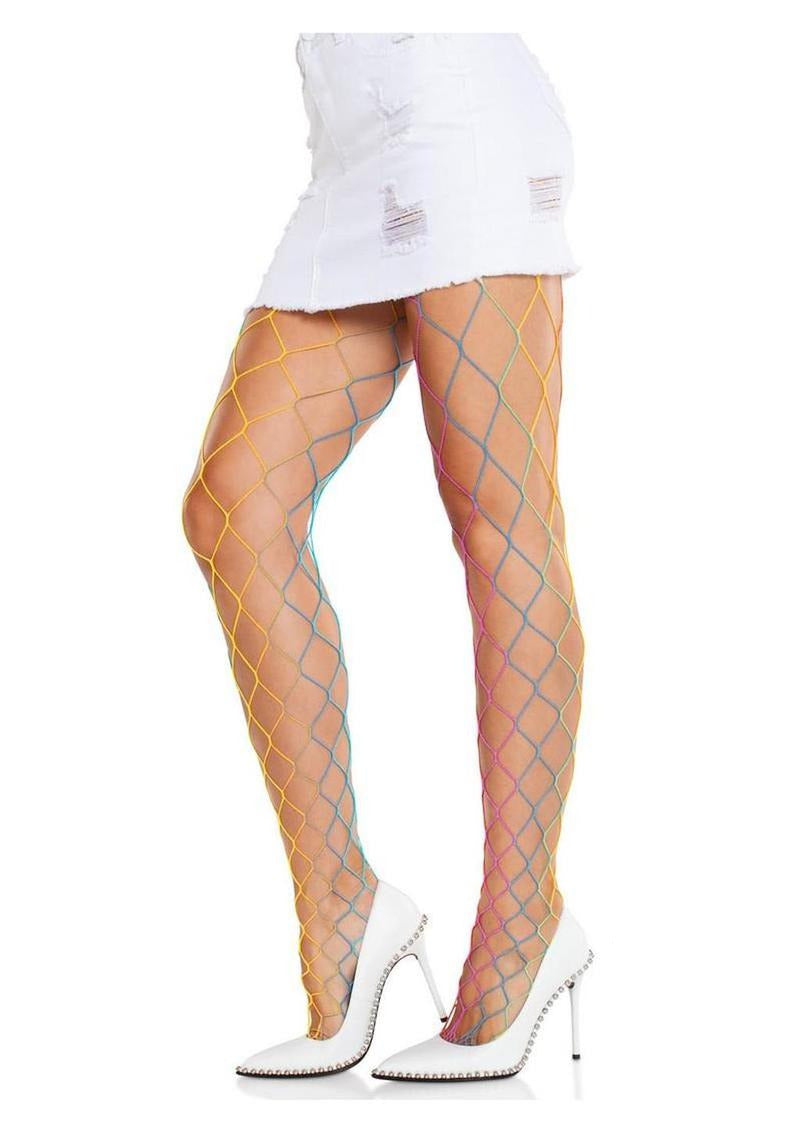 Leg Avenue Rainbow Fence Net Tights OS featuring colorful fishnet design worn with a white skirt and heels.