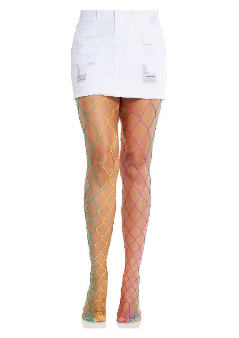 Leg Avenue Rainbow Fence Net Tights OS paired with a white skirt, featuring vibrant rainbow colors in fishnet design.