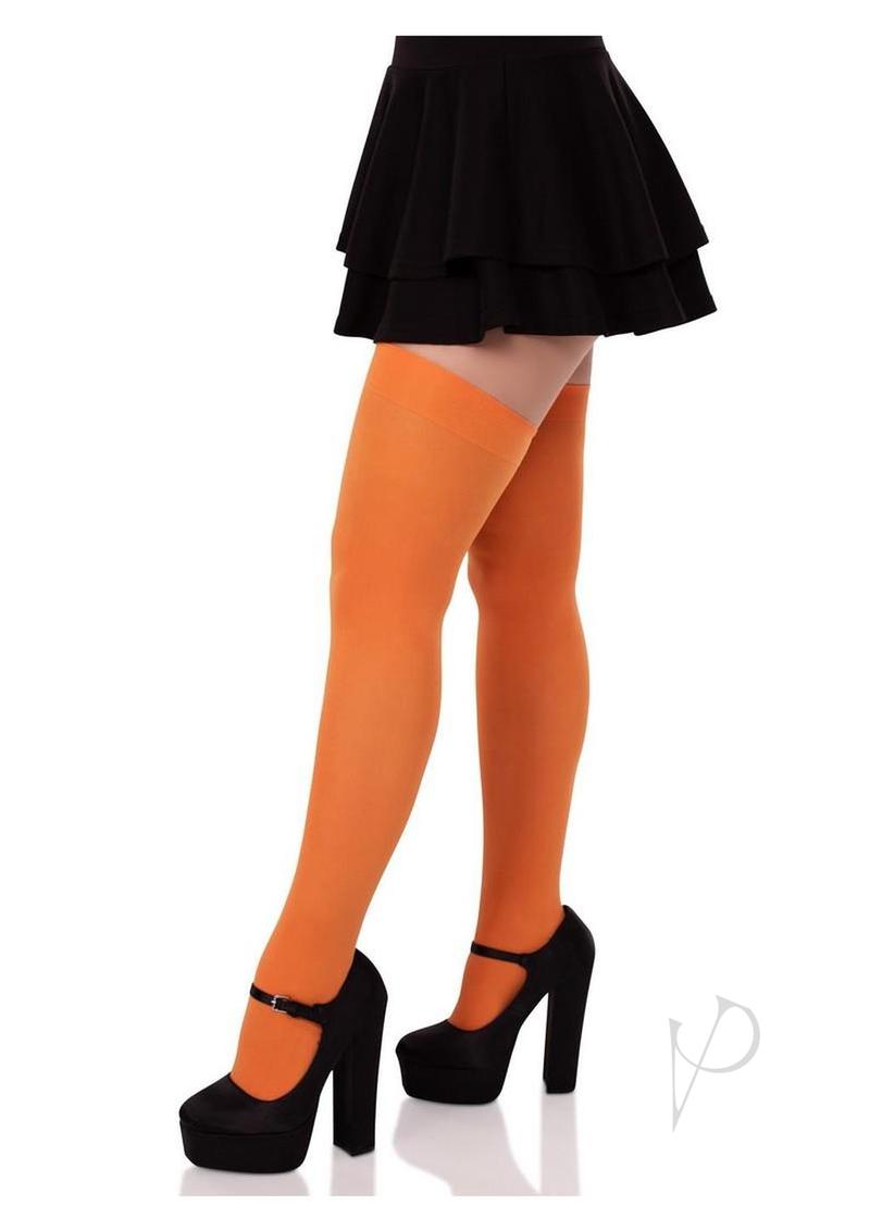 Leg Avenue Nylon Over The Knee Socks Orange One Size worn with a black skirt and high heels, showcasing vibrant orange color.