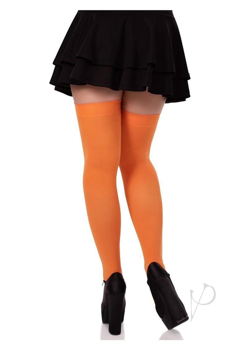 Leg Avenue Nylon Over The Knee Socks Orange One Size worn with a black skirt and high heels, showcasing vibrant color.