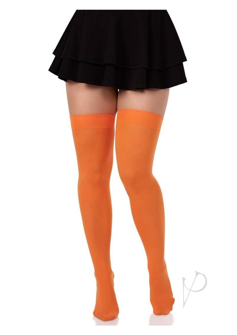 Leg Avenue Nylon Over The Knee Socks Orange One Size worn with a black skirt, featuring a bold orange color for a playful look.