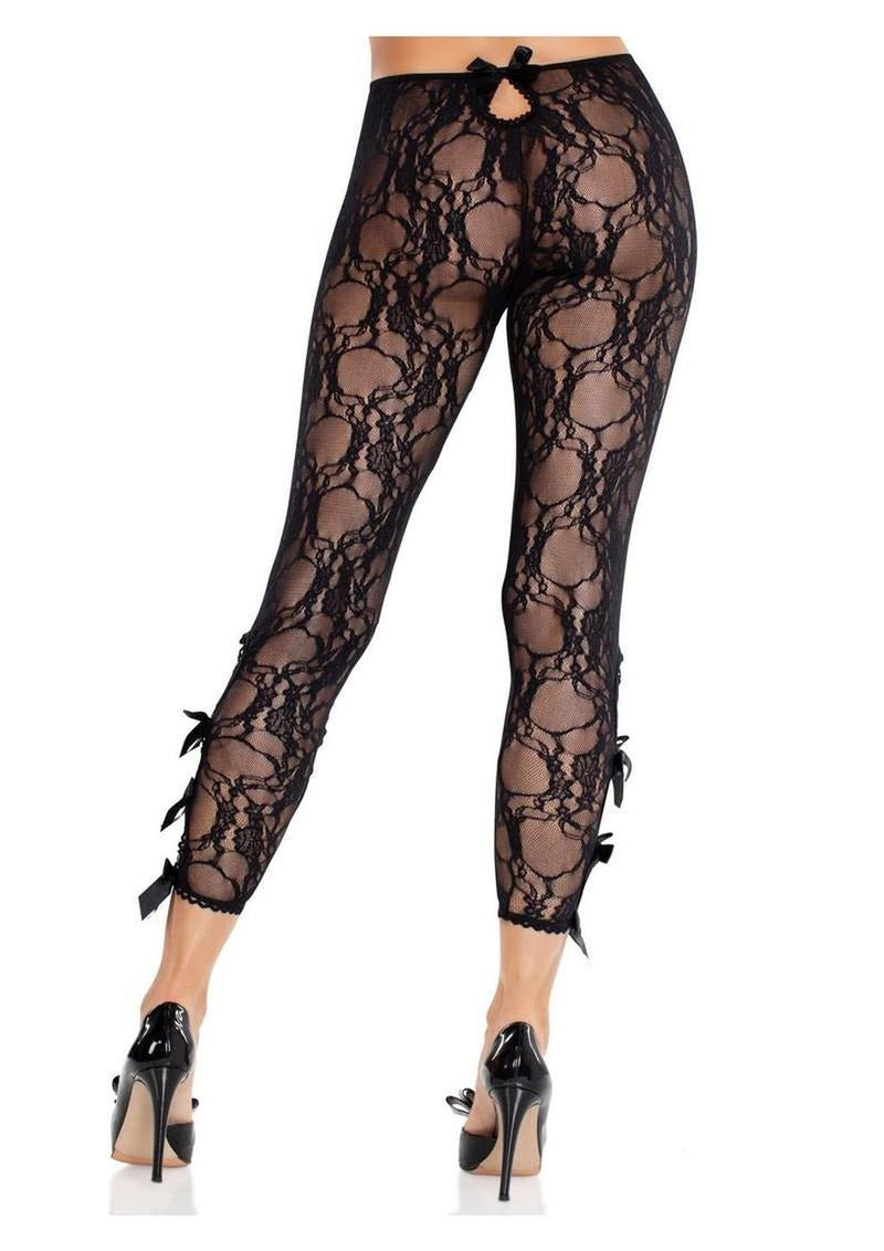 Leg Avenue Scalloped Trimmed Floral Capri Tights Black OS showcasing an elegant lace design with scalloped trim and bows.