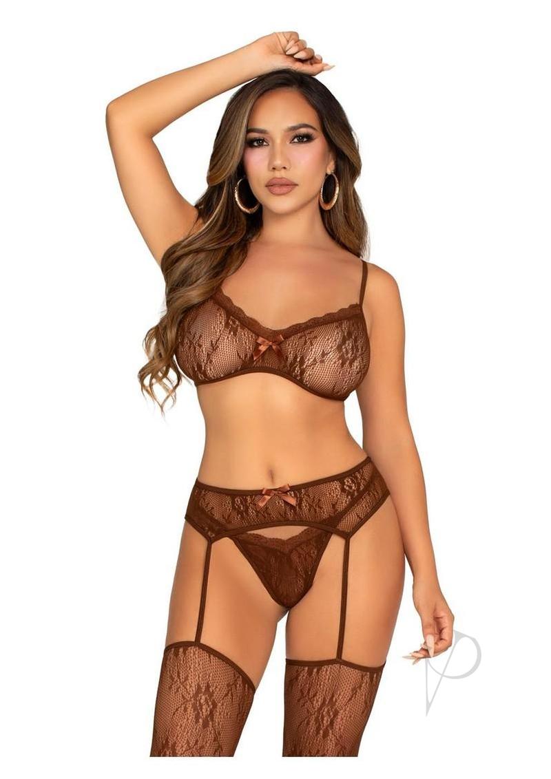 Leg Avenue Lace Bra G-String and Garter Stocking Set Cocoa displayed on a model in a stylish pose.