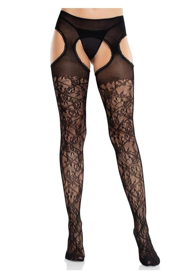 Leg Avenue Scalloped Trimmed Cross Hatch Lace Suspender Hose Black OS showcasing elegant floral lace and suspender styling.