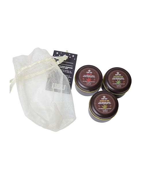 Earthly Body 2026 Holiday Massage Candle Trio Gift Set with three hemp seed candles and a gift bag.