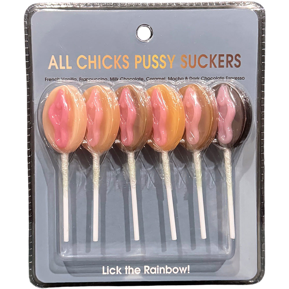 All Chicks Pussy Suckers novelty candy lollipops in assorted dessert flavors, perfect for adult-themed parties.