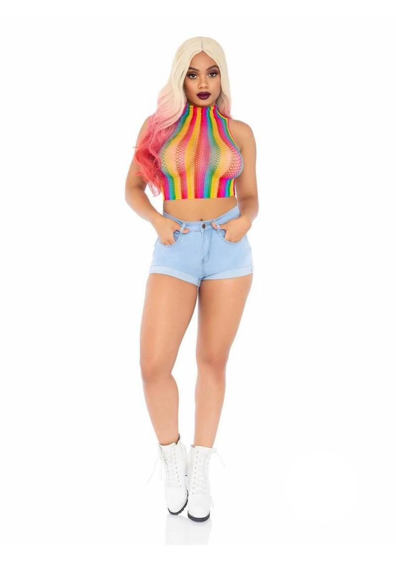 Model wearing Leg Avenue Rainbow Net High Neck Crop Top OS with denim shorts and white boots.