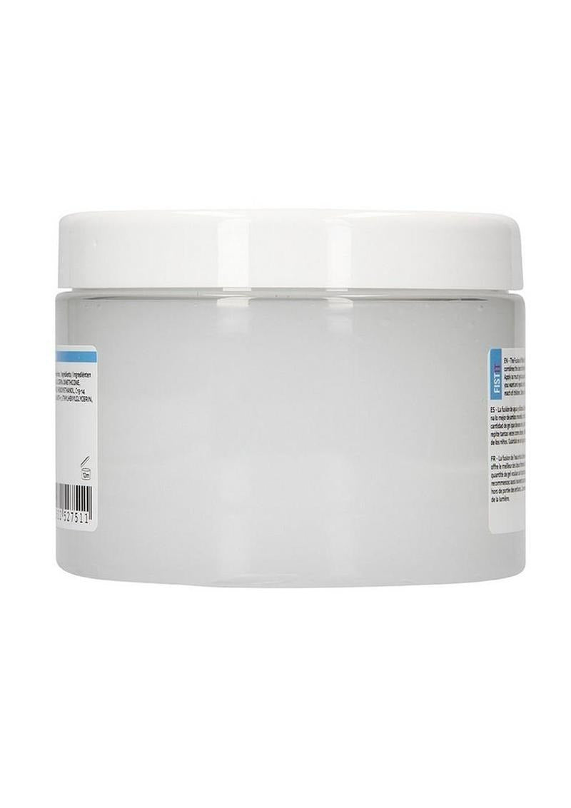 Fist It Hybrid Glide Lubricant 16.9 Oz clear jar with white lid, showcasing the product's sleek design.