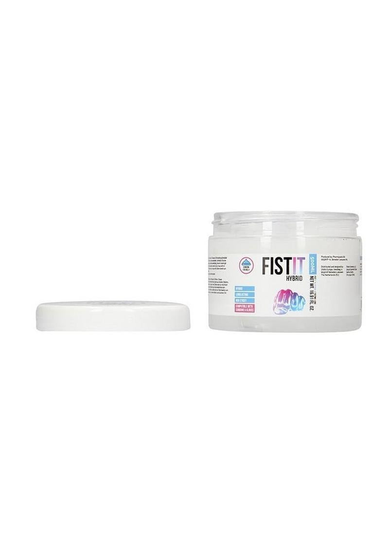 Fist It Hybrid Glide Lubricant 16.9 Oz jar with lid open, showcasing hybrid formula for smooth lubrication.