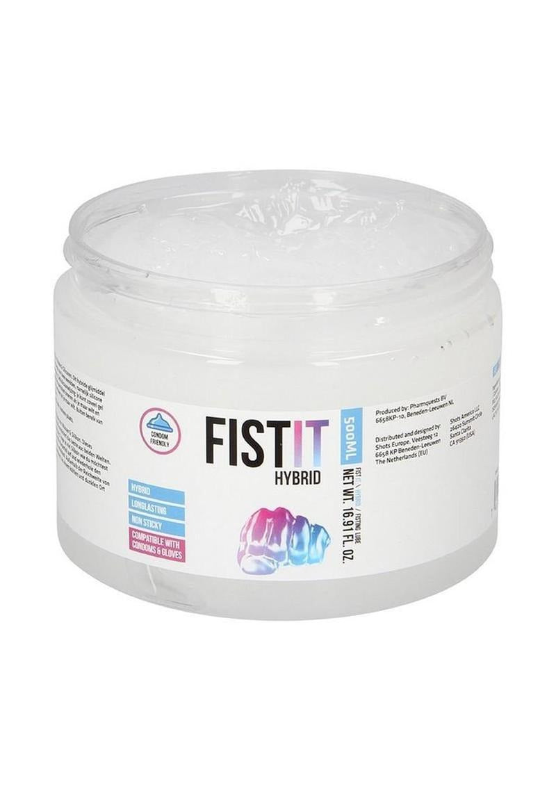 Fist It Hybrid Glide Lubricant 16.9 Oz jar with a clear lid and colorful label showcasing its features.