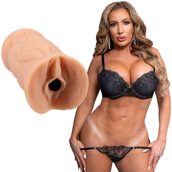 Richelle Ryan Signature Stroker pocket masturbator in realistic ULTRASKYN with a model in black lingerie.