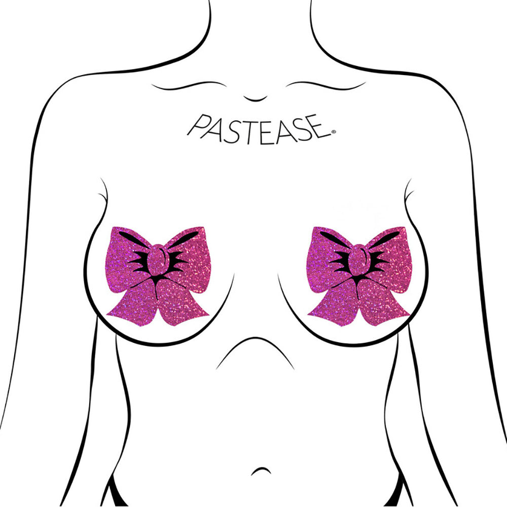 Pastease Hot Pink Glitter Bow Nipple Pasties on a model, adding sparkle and playfulness to any outfit.