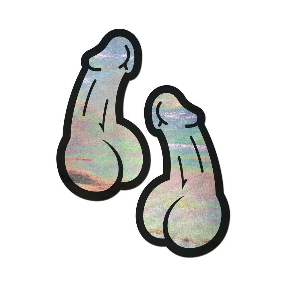 Pastease Penis Holographic Silver Dick Nipple Pasties featuring shiny, playful holographic design for fun events.