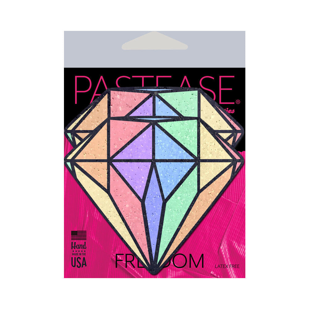 Pastease Gem Pastel Rainbow Diamond Nipple Pasties packaging featuring a colorful diamond design on a pink background.