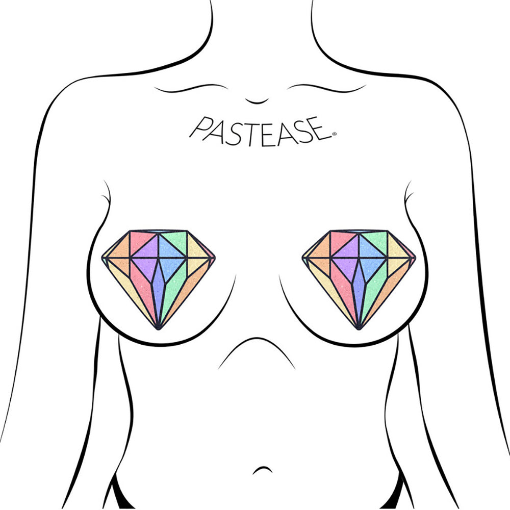 Pastease Gem Pastel Rainbow Diamond Nipple Pasties displayed on a model, featuring sparkling pastel diamond designs.