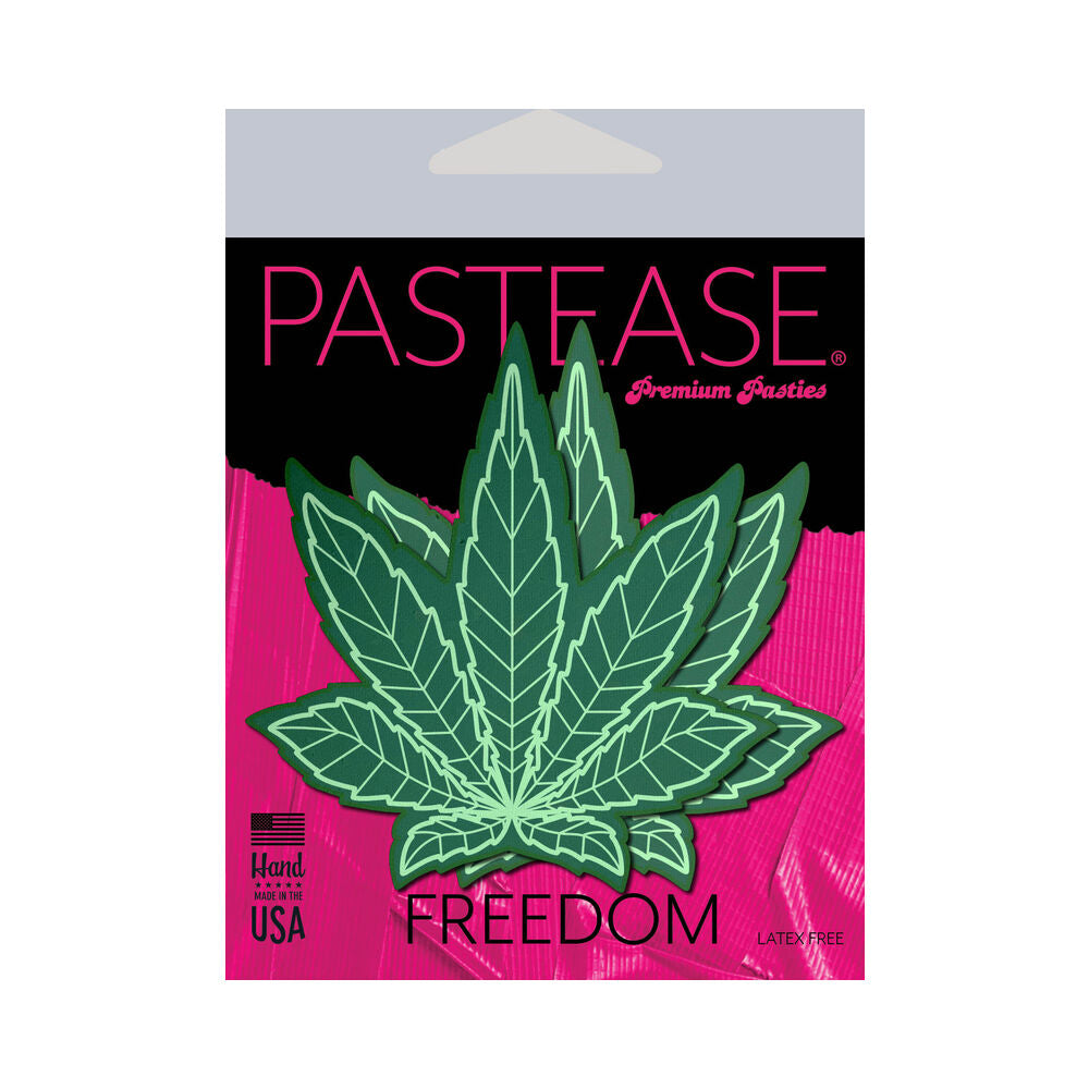 Pastease Indica Pot Leaf Green Weed Nipple Pasties packaged in bold design with green leaf and pink accents.