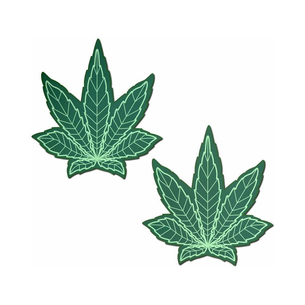 Pastease Indica Pot Leaf Green Weed Nipple Pasties featuring bold green cannabis leaf design, perfect for costumes and parties.