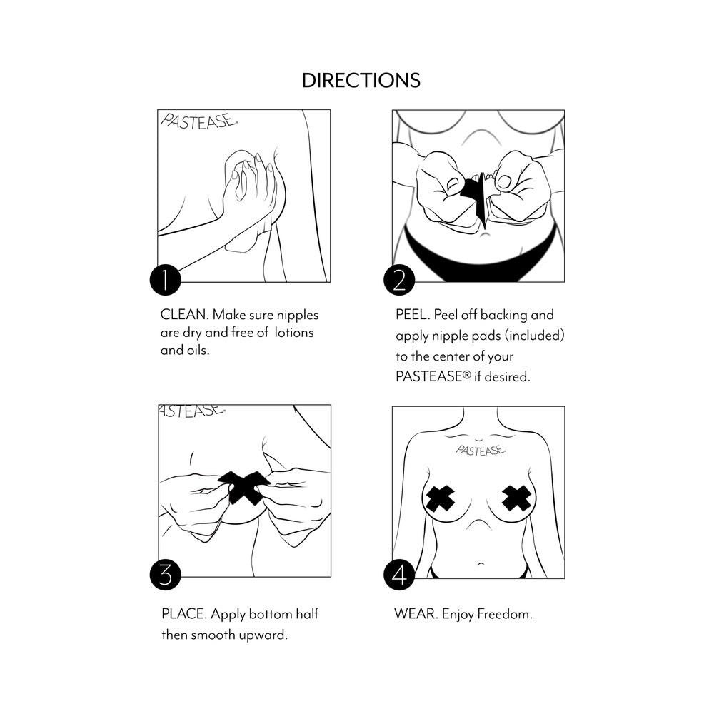 Directions for applying Pastease Indica Pot Leaf Green Weed Nipple Pasties, showing step-by-step instructions.