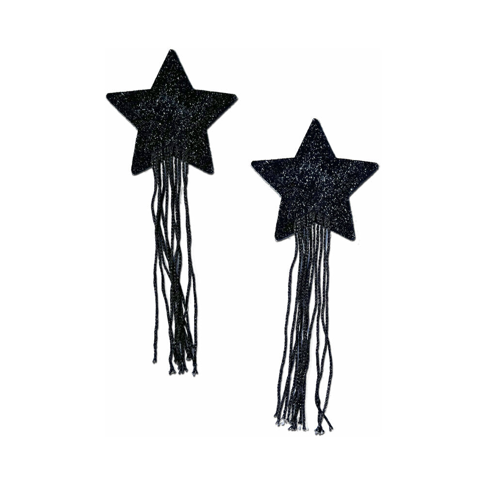 Pastease Black Sparkle Star Long Fringe Tassel Pasties with shimmering fringe, perfect for a glamorous look.