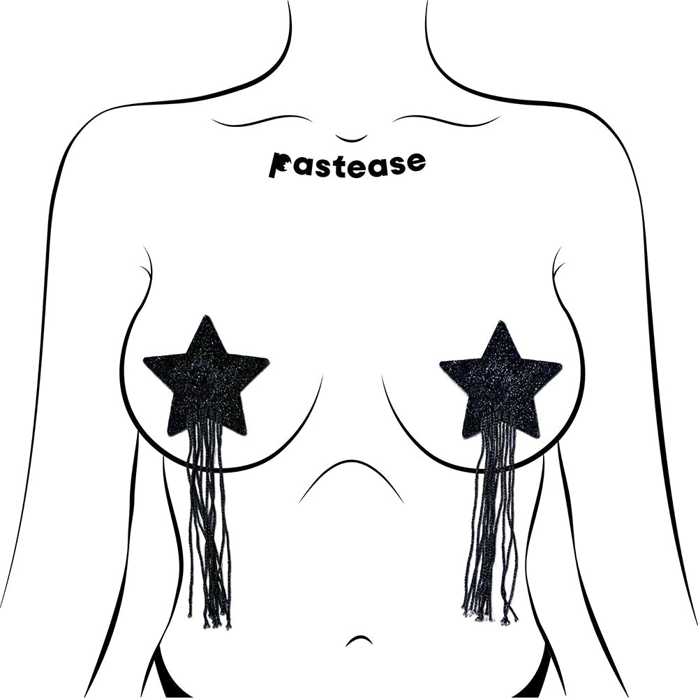 Pastease Black Sparkle Star Long Fringe Tassel Pasties on a body illustration, featuring glittery star shapes with fringe.