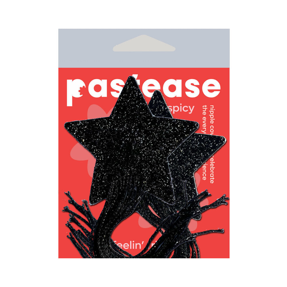 Pastease Black Sparkle Star Long Fringe Tassel Pasties with shimmering star design and fringes in packaging.