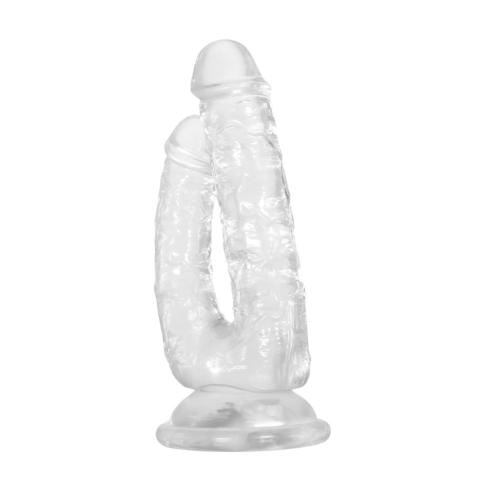 Gender X Dualistic Double Penetration Dildo Clear showcasing two flexible shafts on a suction cup base.