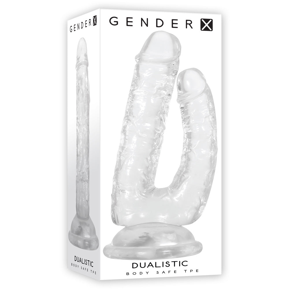 Gender X Dualistic Double Penetration Dildo Clear with flexible shafts and suction cup base for versatile use.