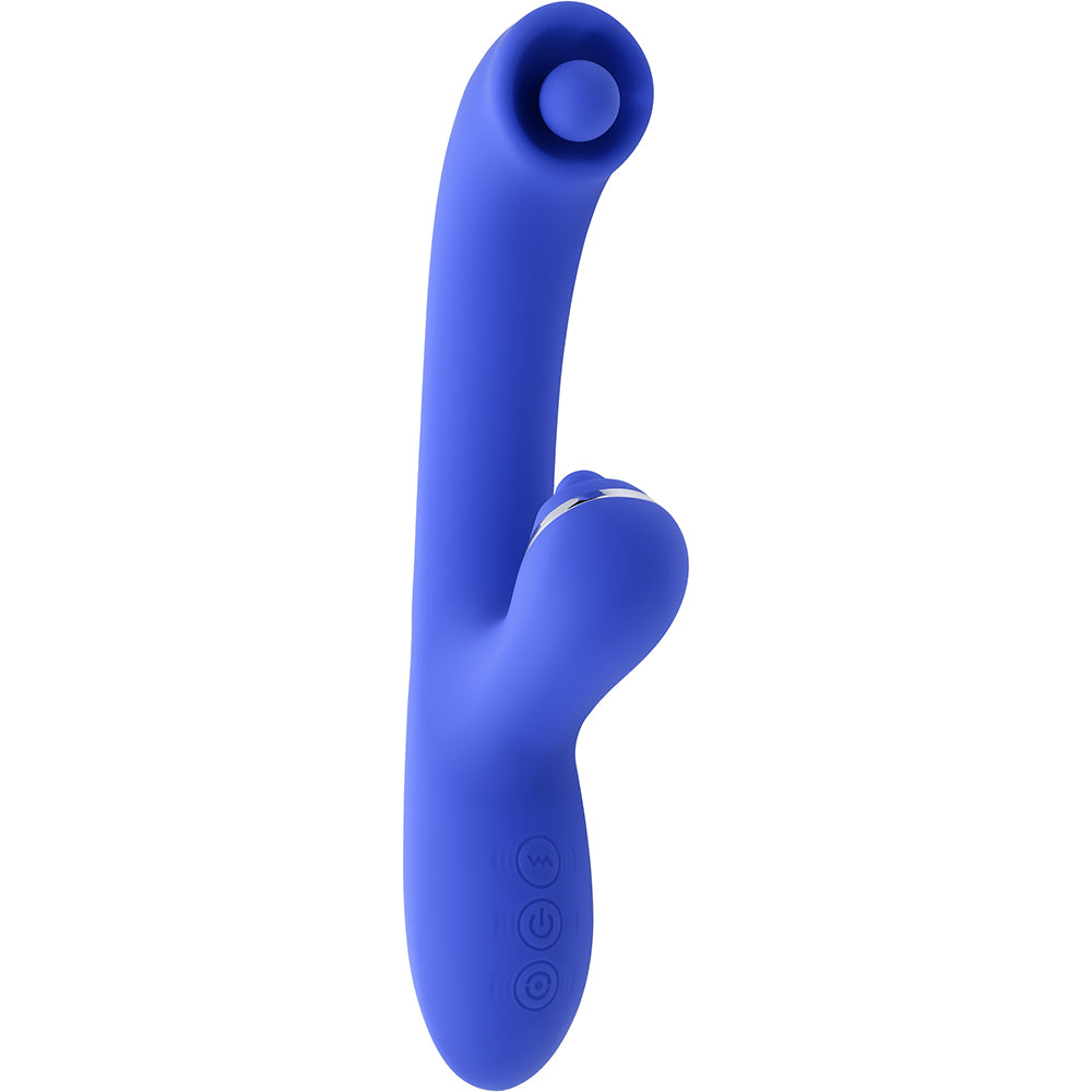 Evolved Oh Gee Silicone G-Spot Vibrator Blue with spinning ball and curved shaft for internal pleasure.