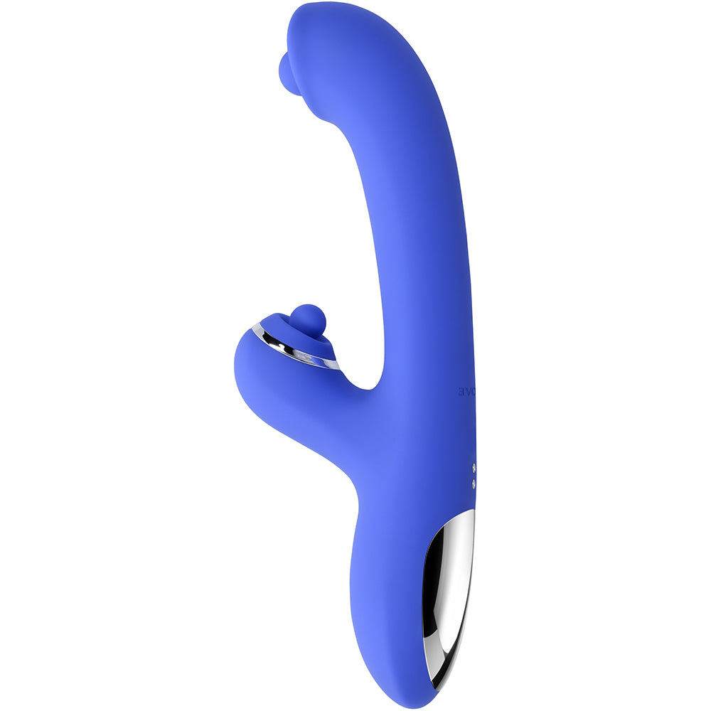 Evolved Oh Gee Silicone G-Spot Vibrator Blue with curved shaft and spinning ball for targeted pleasure.