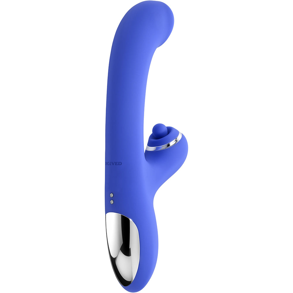 Evolved Oh Gee Silicone G-Spot Vibrator Blue showcasing its sleek design and multifunctional features.