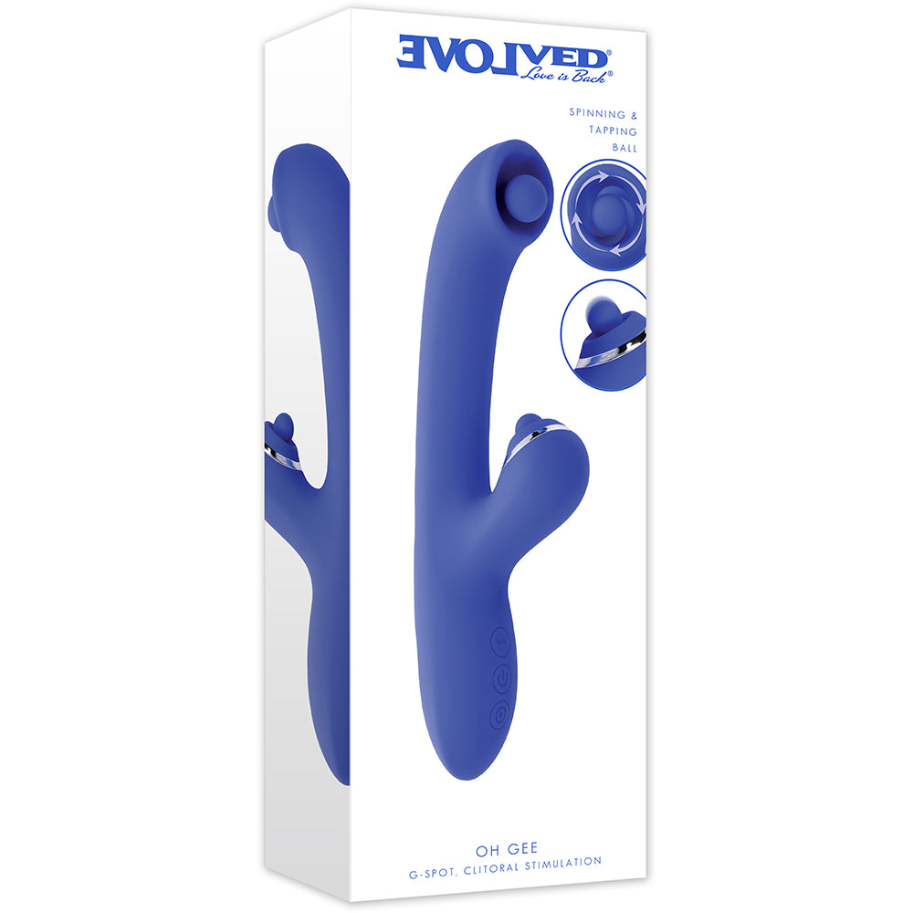 Evolved Oh Gee Silicone G-Spot Vibrator Blue packaging showcasing spinning and tapping features.