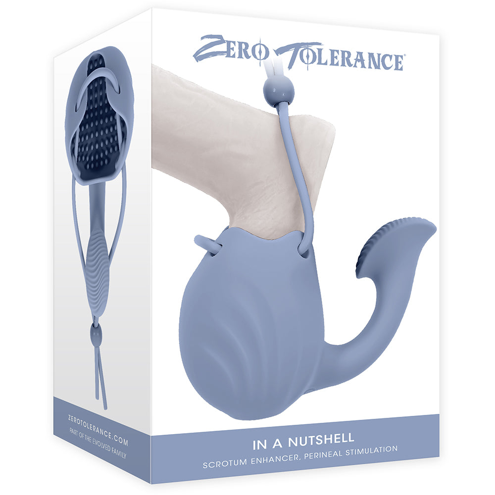 Zero Tolerance In A Nutshell Vibrating Ball Massager Blue packaging with ergonomic design for enhanced pleasure.