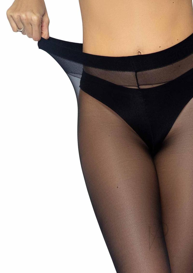 Leg Avenue Opaque Sheer To Waist Tights With Cotton Crotch Black being worn, highlighting the sheer design and cotton waistband.