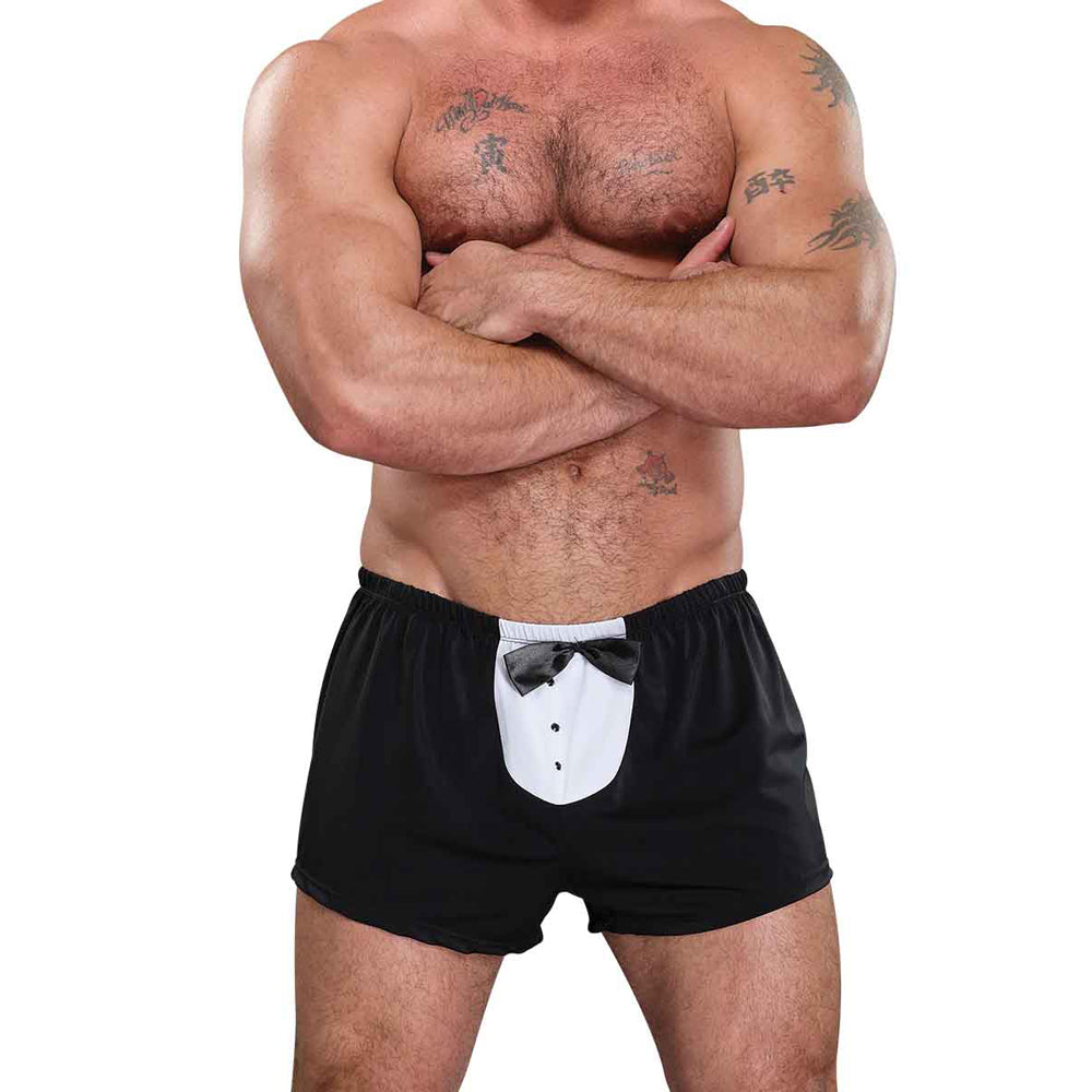 Male Power Tuxedo Boxer One Size Black displayed on a muscular man with tattoos, showcasing its tuxedo design.