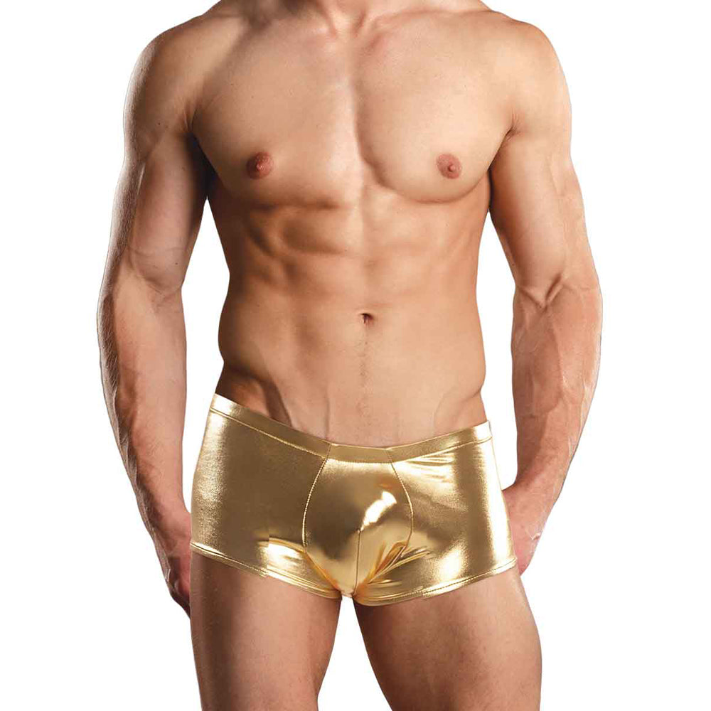Male Power Heavy Metal Mini Short Gold Medium on a muscular man showcasing a bold metallic finish.