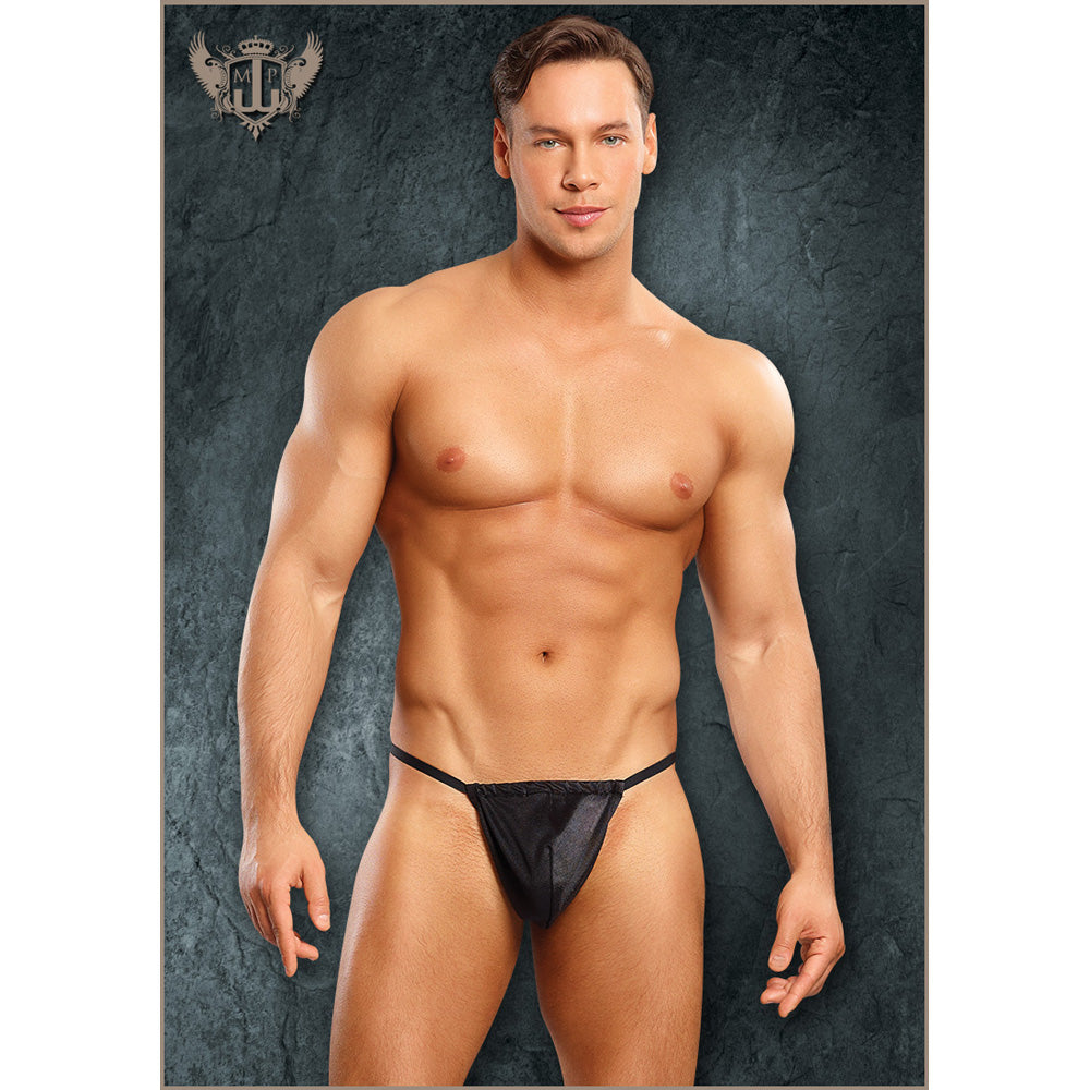 Male Power Satin Spandex Posing Strap Black One Size showcased on a model, highlighting a sleek and bold design.